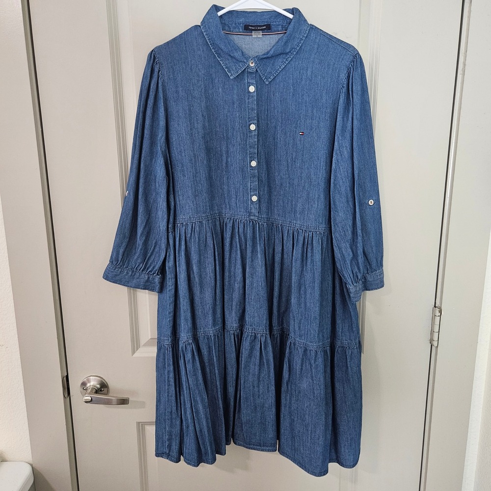 Tommy Hilfiger Womens Denim Tiered Dress Medium Wash Chambray Blue Size 16